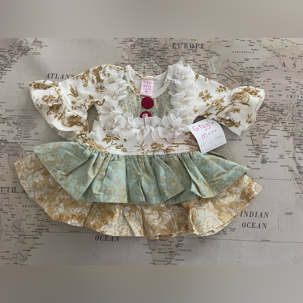 🆕Giggle Moon Mixed Print Birds Floral Ruffle Baby Dress Size 3 Mo